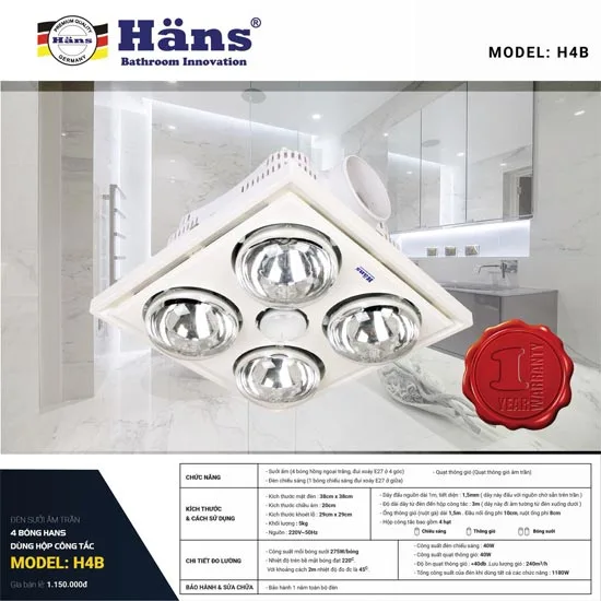 Đèn sưởi âm trần Hans H4B 2