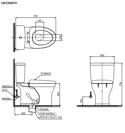 Bồn cầu ToTo CS735DT3 hai khối 2 Bồn cầu ToTo CS735DT3 hai khối 3
