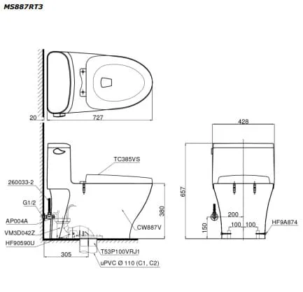 Bồn cầu ToTo MS887RT3 một khối 2 Bồn cầu ToTo MS887RT3 một khối 3