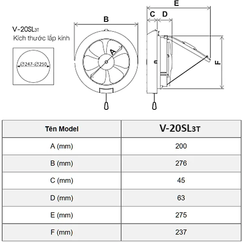 v-20sl3t-kt Quạt hút thông gió ốp vách kính Mitsubishi V-20SL3T 2