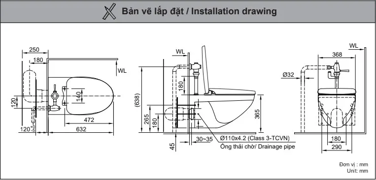 Bồn cầu Inax AC-22PVN treo tường không két nước (Nắp đóng êm) 6