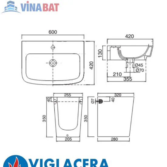 Chậu rửa lavabo Viglacera CD50 6 Chậu rửa lavabo Viglacera CD50 10