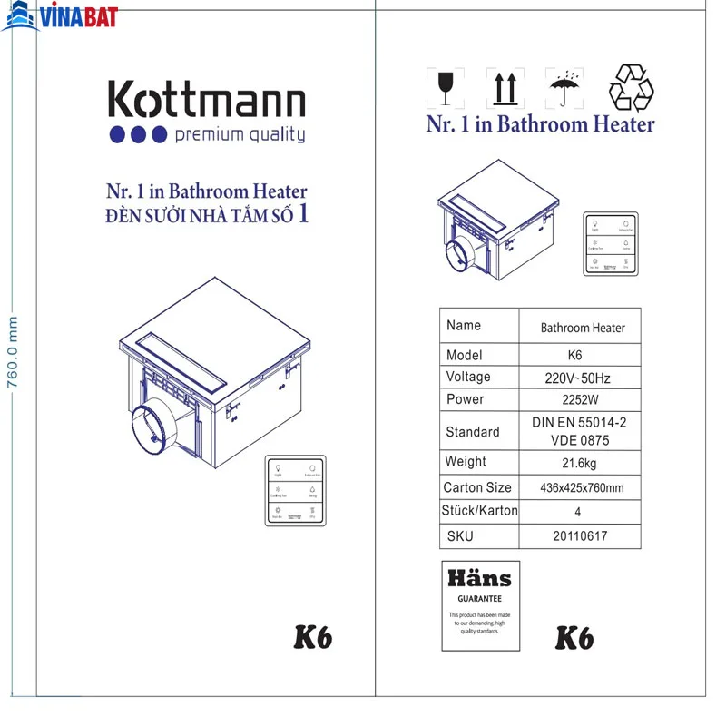 Quạt sưởi âm trần KOTTMANN 5 chức năng K6 3