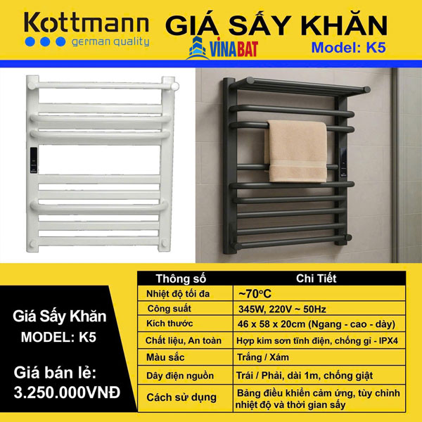 Giàn sấy khăn tắm KOTTMANN K5 màu ghi/trắng 6 gia-say-khan-kottmann-K5