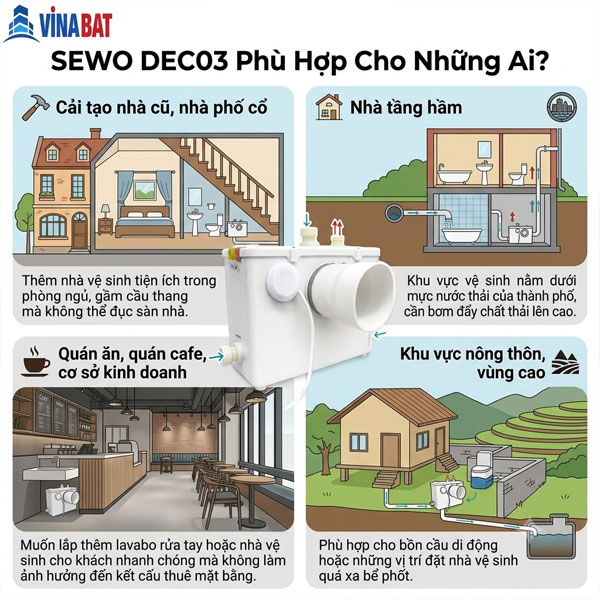 ứng dụng cuẩ máy xử lý chất thải bồn cầu Sewo DEC03